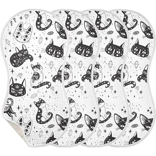Witch's Cat White Halloween Baby Burp Cloths for Boys Girls Large 22''x11'' Cotton Fabric Drool Cloths Extra Absorbent Soft 4 Layer Baby Washcloth for Babies Newborn 3 Pack