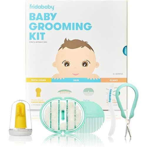 Frida Baby Grooming Kit | Baby Essentials Gift Set Includes Finger Brush with Storage Stand, Hair Brush with Case, Styling Hair Comb, Easy Grip Nail Scissors with Nail File and Case