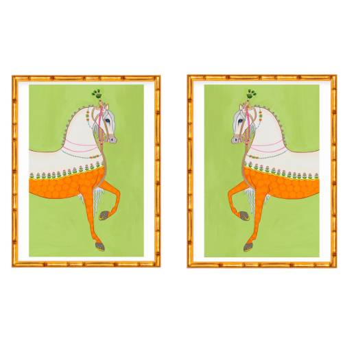 Art Print Preppy Horse with Indian Pattern tassels and pom poms