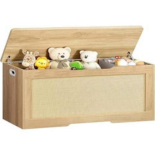 usikey 47.2" Large Storage Chest with Fabric Drawer, Toy Box with Safety Hinges, Extra Wide Storage Bench for Bedroom, Living Room, Entryway, Supports 300 lb