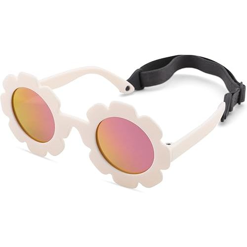 Bouryo Flexible Baby Polarized Flower Sunglasses with Strap Bendable Frame for Infant Boys Girls Ages 0-24 Months