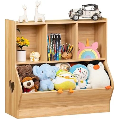 Lerliuo Kids Storage Organizer, Children Small Bookcase and Bookshelf, Toddler 4 Cubby Cabinet, Wood Book Shelf for Playroom, Bedroom, Living Room, Nursery, School 30.51'' H (Natural)