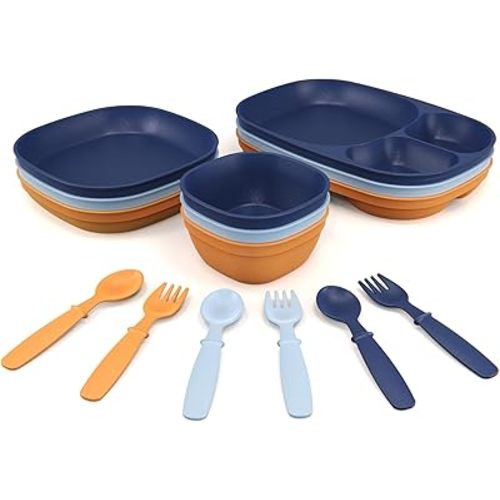 Kid’s Dinnerware Set - 15 Pieces - 3 Place Settings - Tough Tableware for Toddlers - Made in the USA - Dishwasher and Microwave Safe - BPA Free and Shatter Resistant (Sunset)
