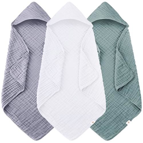 Sunny zzzZZ Muslin Hooded Baby Bath Towels - 3 Pack 100% Cotton Soft Low-Saturation Pastel Towels Including Classic White for Newborns, Infants, Toddlers - 32x32 Inch - Green, Grey and White