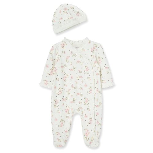 Little Me Clothes for Baby Girls 100% Cotton Scratch-Free Tag Footed One-Piece Romper and Hat Sleeper Set Preemie to 9 Months