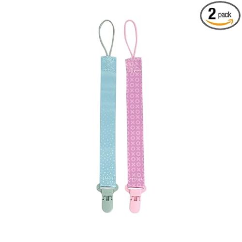 Nuby Pacifinder Baby Pacifier Clip - (2-Pack) - Pacifier Holder Clip with Convenient Hook Loop - Green Dots and Pink XOs