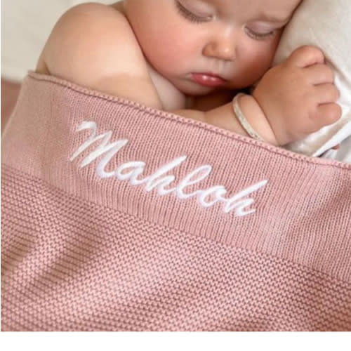 Personalised Baby Blanket Knitted Blush Pink