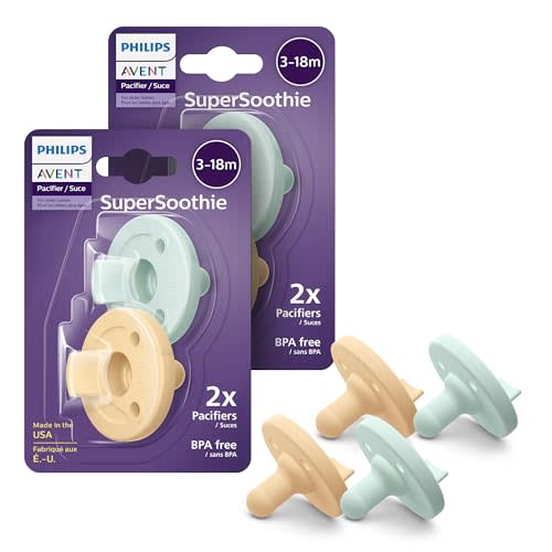 Philips Avent Soothie 3-18 Months Orthodontic Baby Pacifiers, 100% Silicone Pacifiers, One Piece, BPA-Free, 2 Green and 2 Yellow, 4 Pack, Model SCF192/72