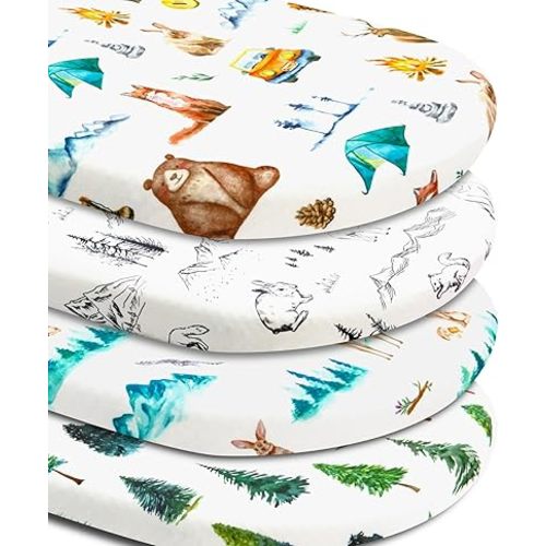 4 Pack Bassinet Sheets Woodland Forest Animals Wood Neutral Unisex Fitted Baby Bassinet Sheets Set for Standard Bassinets for Baby Boys or Girls