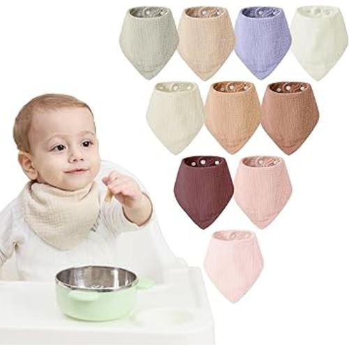 JELLYMONI 10 Pack Muslin Drool Bibs for Babies - Soft Adjustable Bandana Bib with Snaps, Absorbent Unisex Teething Bib for Newborn Girls & Boys