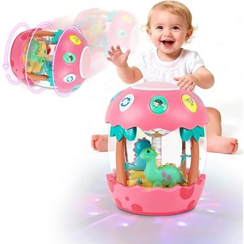 M SANMERSEN Baby Girl Toys 6-12 Months, Dinosaur Rotating Light Up Musical Baby Toys for 0-6 12-18 Months Newborn Infant Crawling Tummy Time Toys, Birthday Easter Gifts for Baby Girls- Pink