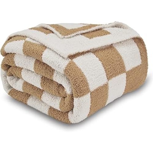 CozeCube Checkered Blanket, Ultra Soft Cozy Khaki Tan and White Throw Blanket, Warm Cozy Knit Fuzzy Plush Checkerboard Throw for Couch Bed Sofa, 50"x60"