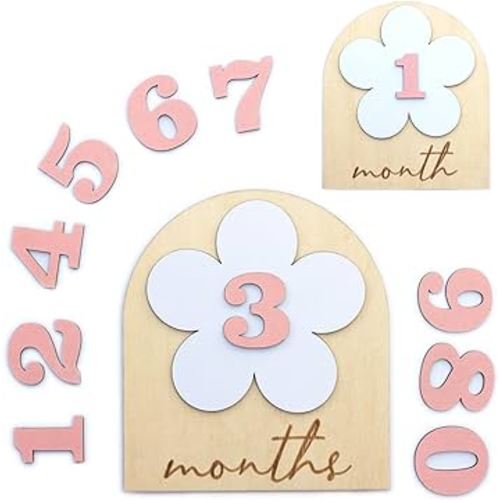 Baby Monthly Milestone, Wooden Baby Milestone Signs, Monthly Milestone Wood Discs, Baby Milestone Discs, Baby Photo Props Cards Interchangeable Number Set of 12 for Baby Growth Recording (Baby flower)