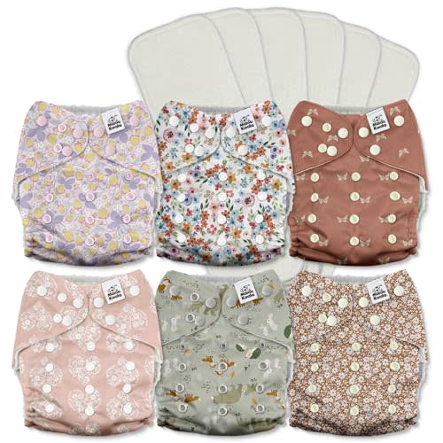 Mama Koala 3.0 Pocket Cloth Diapers for Babies with AWJ Lining, 6 Pack with 6 5-Layer Natural Cloth Diaper Inserts - Reusable and Washable Pocket Diapers(A-Wild Flowers)