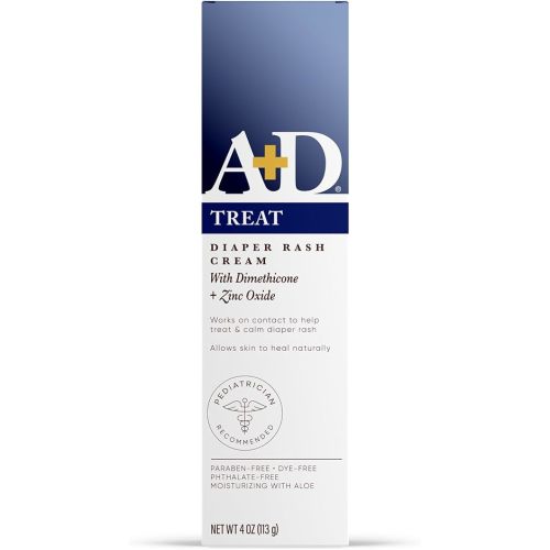 A+D Zinc Oxide Diaper Rash Treatment Cream, Dimenthicone 1%, Zinc Oxide 10%, Easy Spreading Baby Skin Care, 4 Ounce Tube (Packaging May Vary)