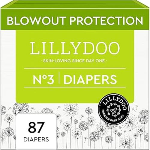 LILLYDOO Baby Diapers - Size 3 (13-22 lbs), Half-Monthly Supply (87 Count), Leak Protection, Skin-Friendly, Ultrasoft, Perfume- & Chlorine-Free, Hypoallergenic, Dermatologist Tested, Oeko-TEX®