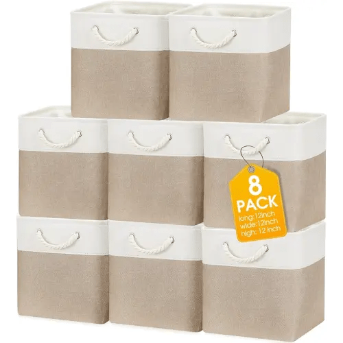meekoo 8 Pack Collapsible Storage Bins Fabric Storage Bins Polyester Fabric Baskets with Handles Linen Closet Organizer for Shelf Home Closet Towels Toys(12 x 12 x 12 in,Beige)