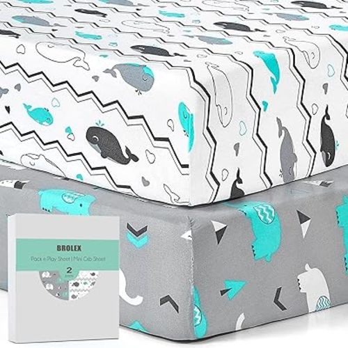 Pack n Play Sheets, BROLEX 2 Pack Mini Crib Sheets,Stretchy Portable Fitted Playard Sheet Set, Convertible Playard Mattress Cover,Ultra Soft Breathable Material,Elephant Whale