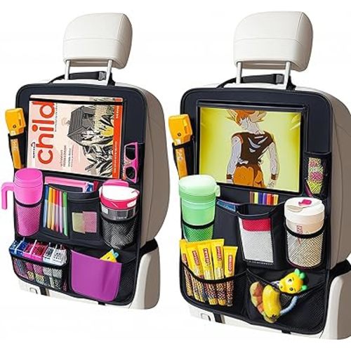 Car Organizer Kick Mats Back Seat Protector, Car Back Seat Organizer with Tablet Holder Pocket for Kids, Travel Accessories with 10 Storage Pockets, 2 Pack