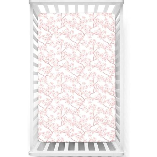 Cherry Blossom Themed Fitted Mini Crib Sheets,Ultra Soft Material - Baby Sheet for Boys Girls,White Coral,24 x 38 Inch