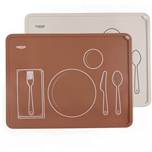 CHAMOS Montessori Placemat for Toddlers - Kids Silicone Mats for Dining Table - Set of 2 - Table Setting Learning (Clay and Beige)