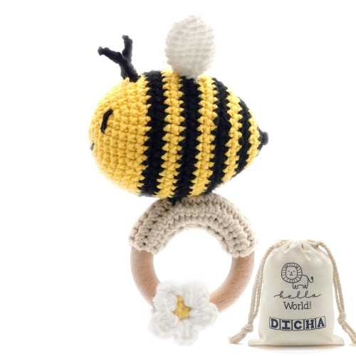 Crochet Bee Baby Rattle - Sensory Toy for Babies - Ideal for Baby Shower - Includes Beech Teething Ring