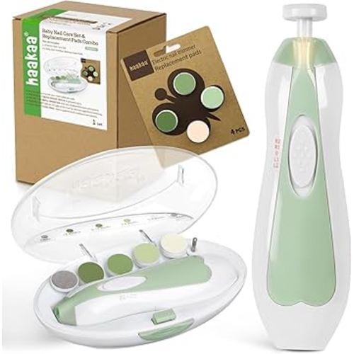 haakaa Baby Nail Trimmer Electric Baby Nail Clippers Kit for Newborn, Toddler or Adults Fingernails and Toenails Care, Baby Nail Care Set & Extra 4 Replacement Pads Combo - Meadow