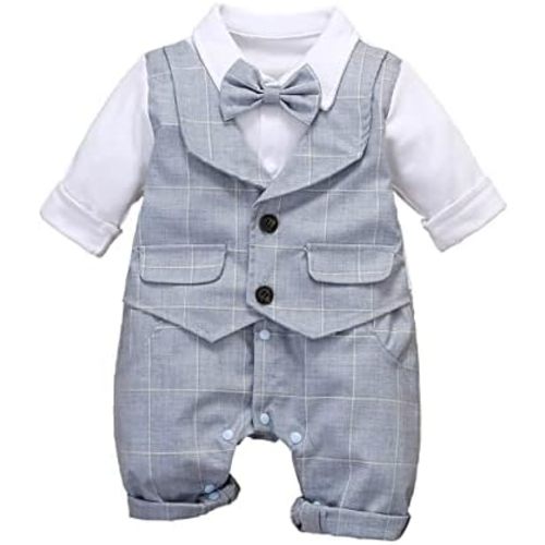 HMD Baby Boy Long Sleeve Gentleman White Shirt Waistcoat Bowtie Tuxedo Onesie Jumpsuit Overall Romper