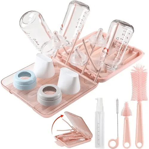 6 in 1 Baby Bottle Cleaner Set with Drying Rack,Silicone Baby Bottle Brush,Straw Brush,Nipple Brush,Soap Dispenser and Storage Box, Portable Baby Essentials for Home&Travel(Pink)
