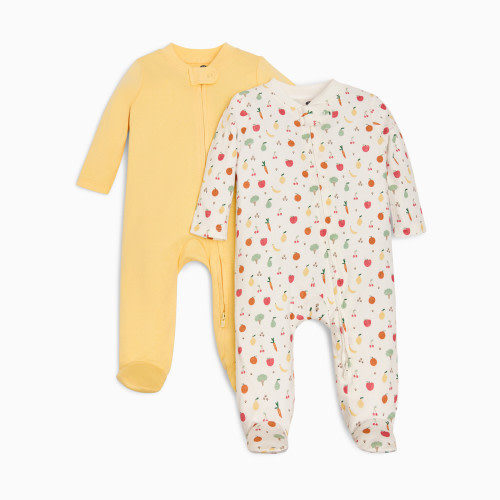 Small Story Organic Cotton 2-Way Zip Footie (2 Pack) - Veggie Garden, Yellow, 0-3 M