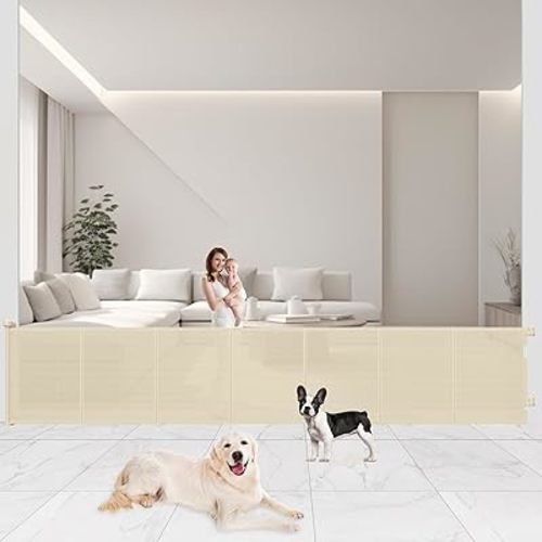 Upgrade 120" Retractable Baby Gates Extra Wide with Reinforced Strip, 10 FT Retractable Dog Gate, 41" Tall Retractable Gate Indoor Outdoor for Pet and Baby-Beige