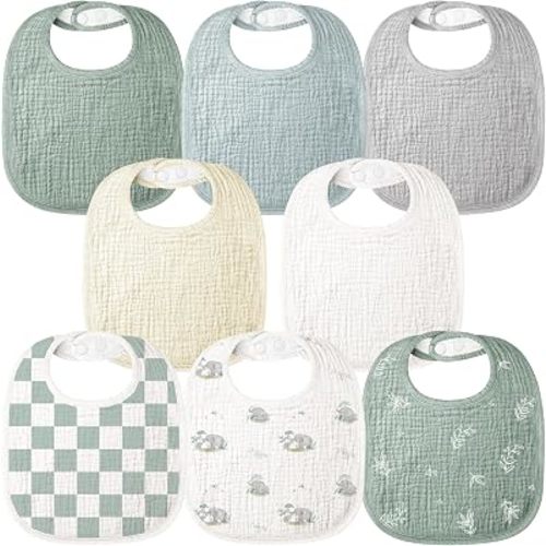 Bearmoss Baby Bibs for Drooling and Teething 100% Cotton Muslin Bibs for Baby Boy & Girl,Adjustable, Ultra Absorbent,8 Pack