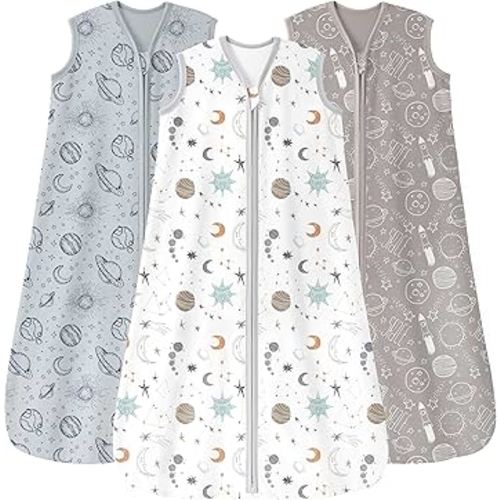 Baby Sleep Sack 6-12 Months 3 Pack 100% Cotton Lightweight 0.5 TOG Wearable Blanket Baby Sleep Bag with 2-Way Zipper for Newborn Infant White Gray Blue Space