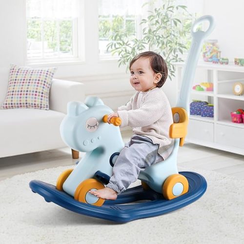 4 in 1 Rocking Horse for Toddlers 1-3 Years Old, Baby Rocking Toy Fun Birthday Gift for 1+ Boys, Ride on Toy with Detachable Balance Board and Footrest,Balance Bike with Push Handle,Blue