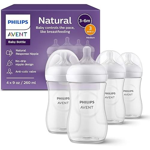Philips Avent Natural Baby Bottles with Natural Response Nipples (Medium Flow, Flow 3), 9oz, 4-Pack, SCY903/04
