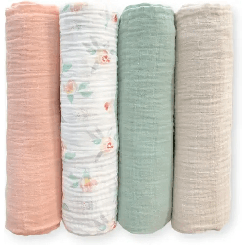 SwaddleDesigns Cotton Muslin Swaddle Blankets for Baby Girl, Set of 4, Receiving Blankets for Newborn, Baby Registry & Gift, 46x46 inches, Watercolor Peachy Pink Floral