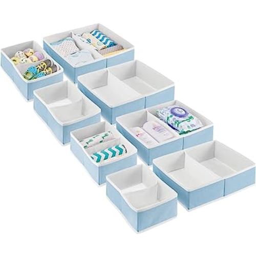 mDesign Soft Fabric 2-Piece Dresser Drawer Storage Organizers for Baby/Infant Nursery or Bedroom - Divided Drawer Organizer - Holds Clothing, Socks, Diapers, 4 Pack, Jane Collection, Light Blue/White