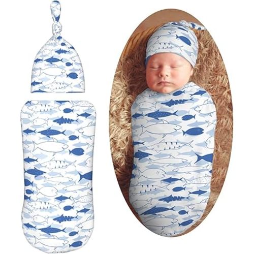 Blue Shark and Fish Newborn Swaddle Blankets Hat Sets Soft Baby Receiving Blanket Swaddle Sack for Baby Shower Infant Boy Girl Gift