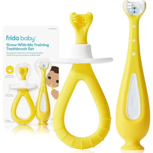 Frida Baby Grow-with-Me Baby Toothbrush Training Set | Infant to Toddler Toothbrush 0-12 months, Cleans All Sides at Once, Oral Care for Sensitive Gums | Yellow