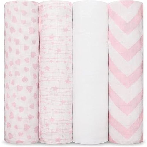 Comfy Cubs Muslin Swaddle Blankets (Pack of 4) - 47” x 47”, Soft Cotton Baby Blanket Set, Large Swaddling Wraps for Newborns - Self-Soothing Baby Swaddle - (Pink)