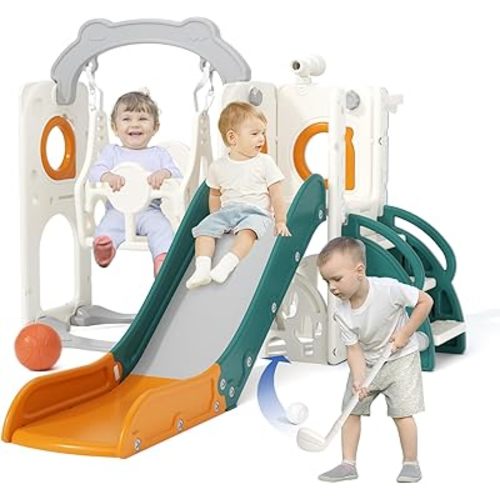 KORIMEFA 8 in 1 Toddler Slide and Swing Set for Toddler Age 1-3 Years, Toddles Playset Playground Indoor and Outdoor Swing Slide Climber Playset w/Basketball Hoop & Golf Set, Green