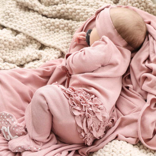 Vintage Rose Waffle Bamboo Zipper Ruffle Footie