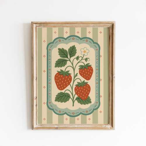 Vintage Strawberry Wall Art – Folk Style Fruit Poster for Kitchen or Nursery