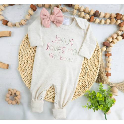 Christian oatmeal baby romper and hat set, custom name coming home outfit, floral letter baby girl outfit, baby shower gift, neutral