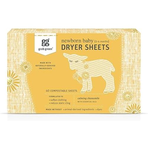 Grab Green Newborn Baby Dryer Sheets - Natural Scent Booster and Fabric Softener to Reduce Wrinkles and Static (Calming Chamomile Scent, 40 Sheets Total)
