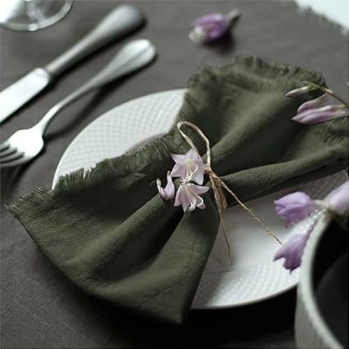 Handmade Cloth Napkins 100% Cotton Napkins with Fringe,Delicate Handmade Cloth Napkins for Dinners, Parties, Weddings and More,18 x 18 Inch Set of 6 - Olive Green