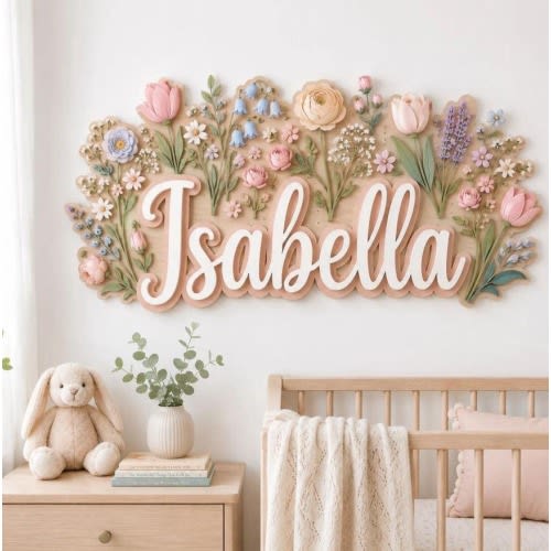 Personalized Wildflower Name Sign, 3D Wood Baby Name Sign, Floral Nursery Decor, Boho Baby Girl Room Wall Decor, Kids Name Plaque