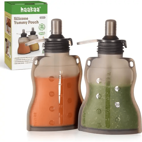 haakaa Yummy Pouch Reusable Baby Food Pouch, Baby Food Storage Toddler Kids Squeezable Pouch, Washable Freezer - Make Homemade Organic Food for Babies/Toddlers, 4oz, 2 Pack