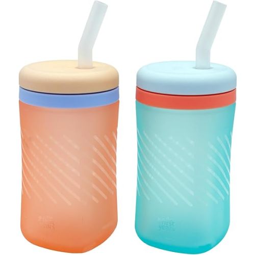 The First Years Silicone Squeeze & Sip Straw Cup - Spill-Proof Toddler Training Cups - Dishwasher Safe - Orange and Blue - 7 oz - 2 Count - Ages 6 Months+