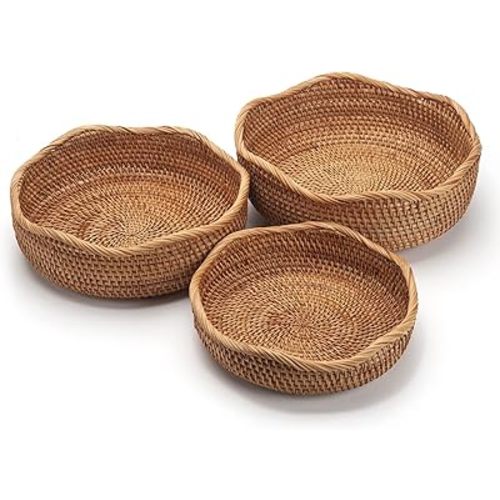 Round Rattan Woven Baskets Stackable for Storage, Natural, Set of 3